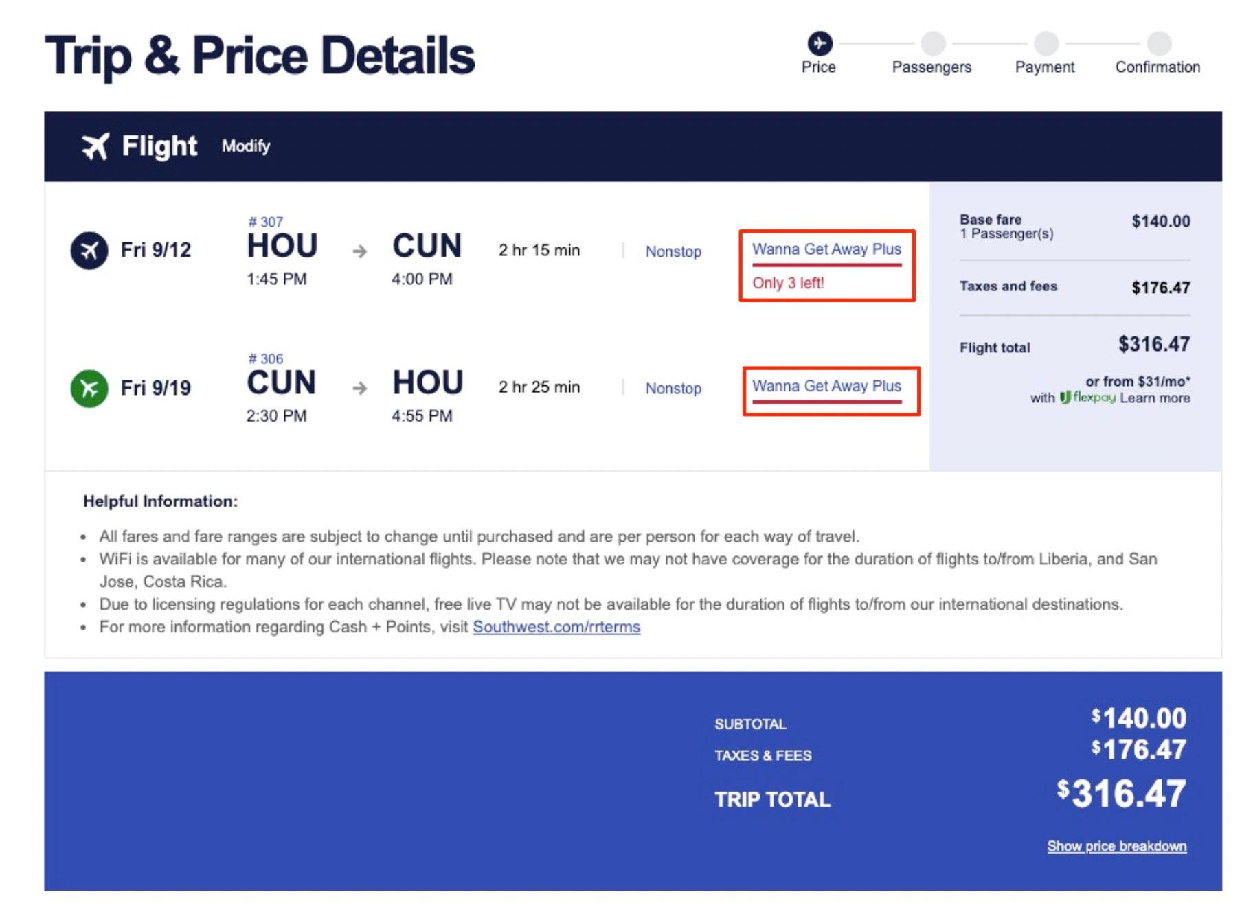 Houston to Cancun flight example with the Wanna Get Away Plus fares highlighted. 